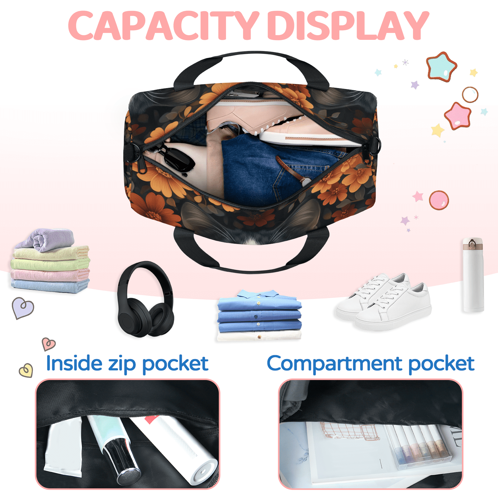 Herdesigns Cat Gym Bag for Women, Flower Cat Duffle Bag for Travel Sport, Lightweight Waterproof Carry on Weekender Overnight Dance Yoga Workout Bags