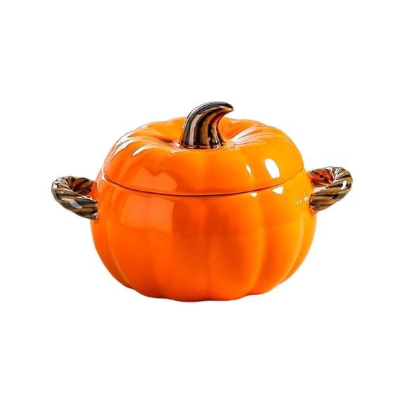 Pumpkin Shaped Ceramic Casserole Pot with Lid & Double Handles, Oven Safe Soup Bowl, Decor Cookware for Halloween Dinner