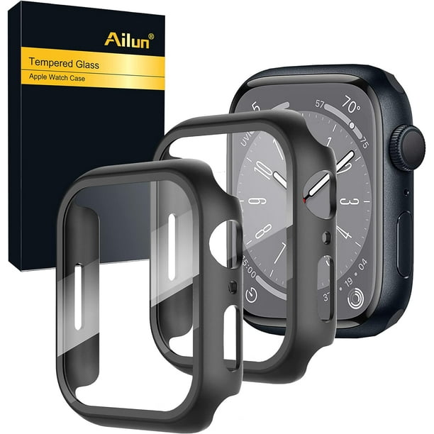 Ailun Funda protectora de pantalla para Apple Watch Series 9 8 y 7 45 mm carcasa rigida ultrafina de PC con protector de pantalla de vidrio templado incorporado para iWatch cubierta a