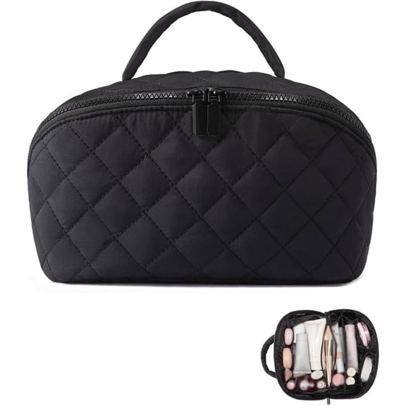Petition Makeup Bag For Woman -180°Wide Open Lay-Flat Water-Resistant Cosmetic Case, Portable Puffy Padded Travel Makeup Bag, Travel Essentials for Toiletries Accessories Storage