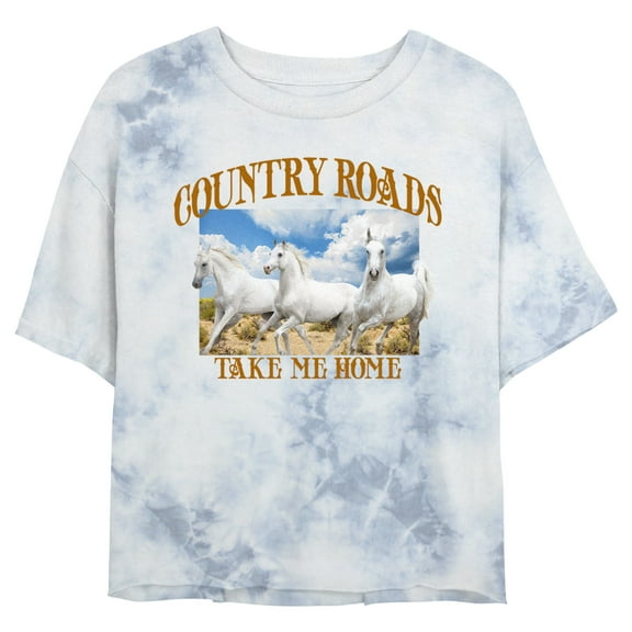 Junior's Lost Gods Country Roads White Horses Graphic Crop T-Shirt White/Blue Large