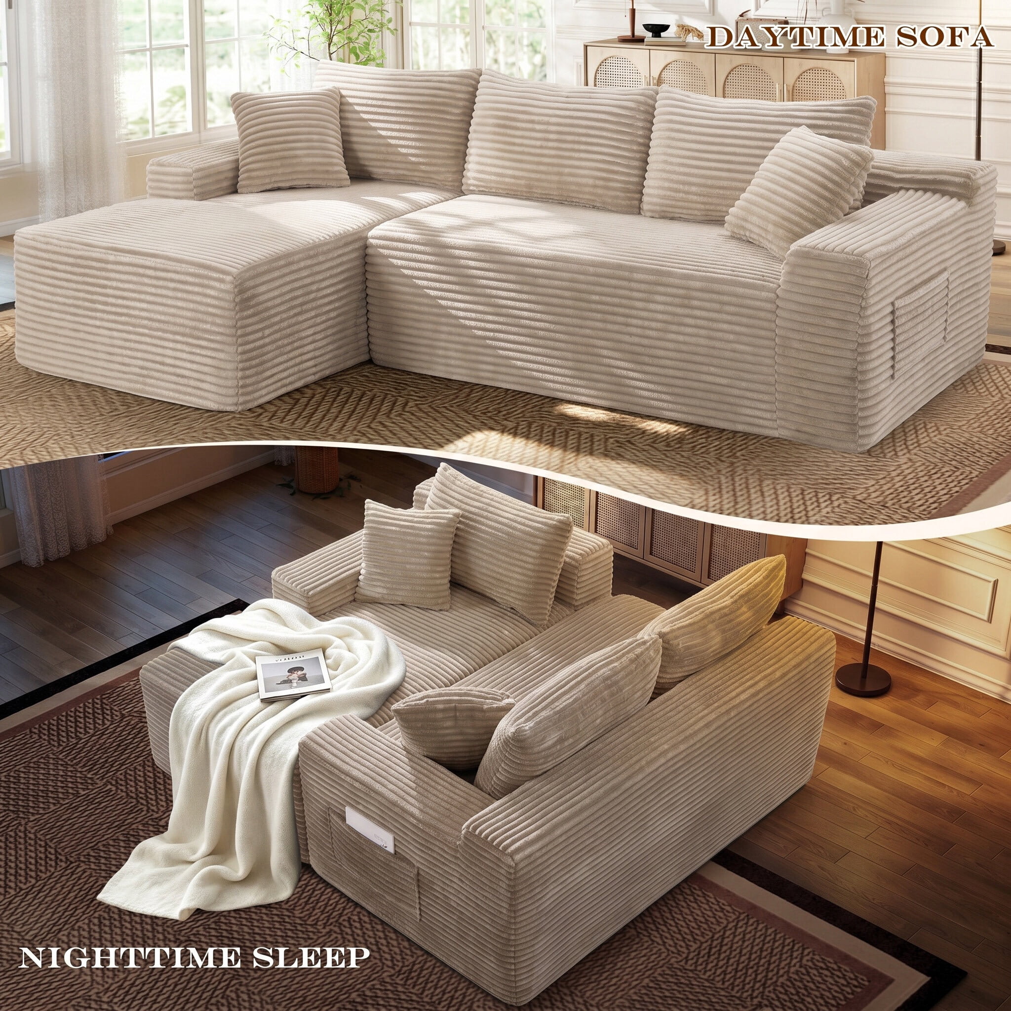 Lunale Small Modular Sectional Sofa with Movable Chaise, L-Shaped Boneless Cloud Couch for Living Room, Camel (Left Facing Chaise)