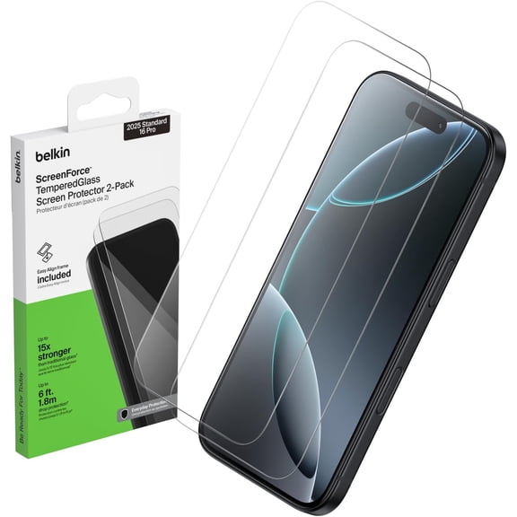 Belkin ScreenForce TemperedGlass Screen Protector for iPhone Air, Scratch-Resistant Impact Protection w/Included Easy Align Tray for Bubble Free Application, Recycled Glass - 2 Pack