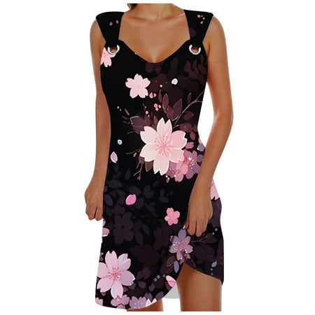 Blphud Dress Womens Midi Summer Dresses for Women Women s Suspender Metal Ring Loose Middle Skirt Women s Printed Casual Dress Party Dresses Pink XXL