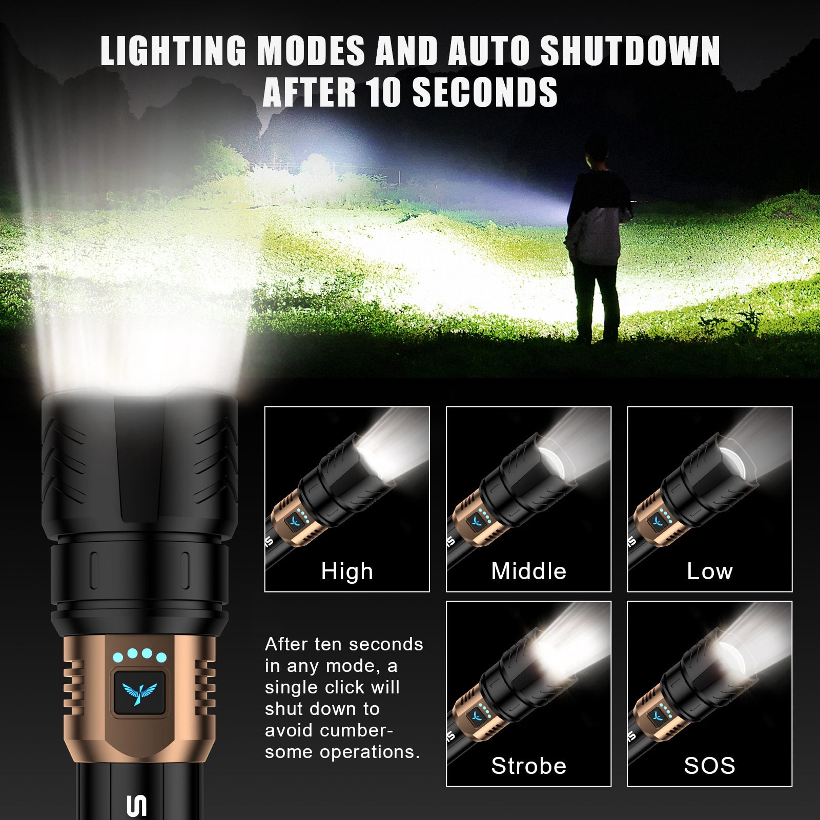High-lumen LED flashlight with fire-starter function, adjustable focus & 4 modes—ideal for outdoor adventures and household needs.