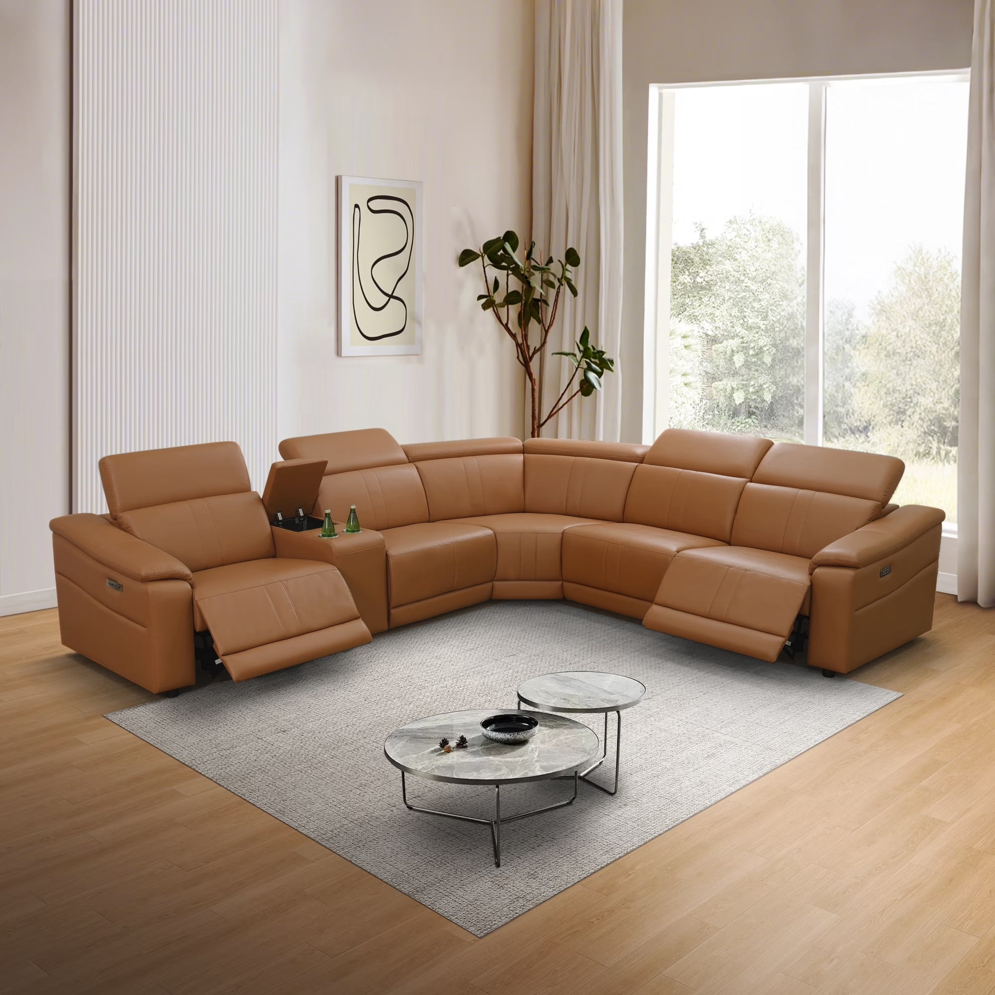 Gewnee Light Brown Air Leather Power Reclining Sofa with Storage, Cup Holders, USB Charging and LED Lights, Solid Wood Frame, for Living Room