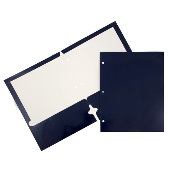 JAM Paper Laminated Two Pocket Glossy 3 Hole Punch School Folders, Navy Blue, 3/Pack