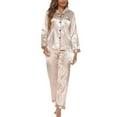 thumbnail image 4 of Nnhblu Silk Pajamas for Women Loungewear Two-piece Satin Sleepwear Button-Up Long Sleeve Pajama with Long Pants Pj Set Beige, 4 of 4
