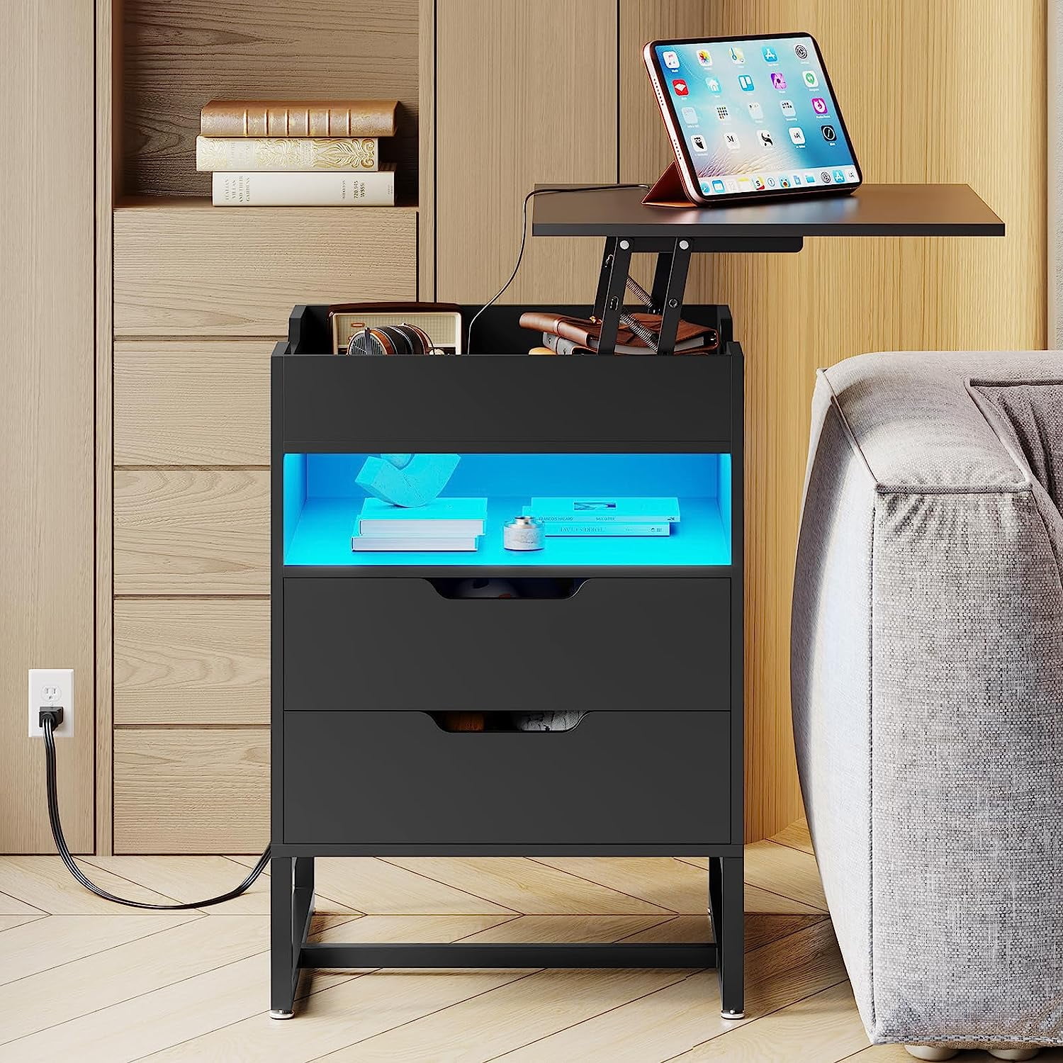 LED Nightstand with Reversible Lift Top, Drawers, End Side Table with