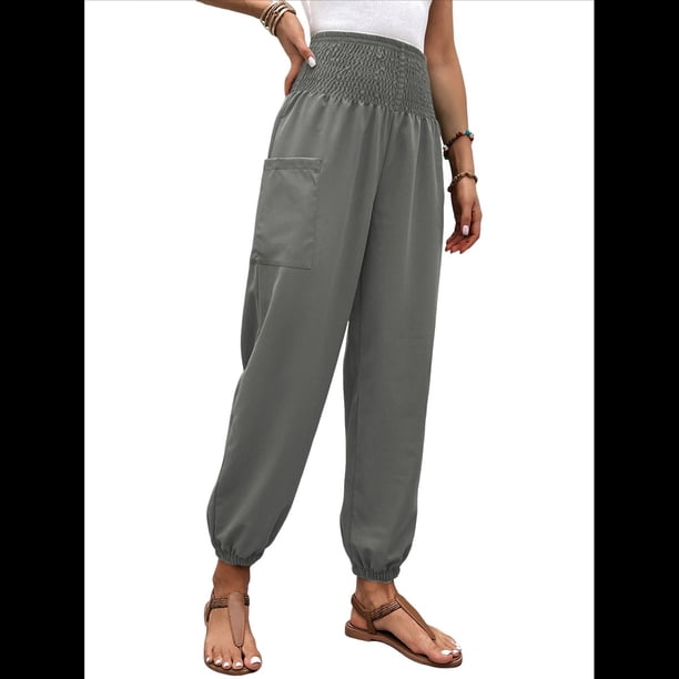 Pantalones de Trabajo Bohemios de Verano para Mujer, Informales, Plisados, Elásticos, de Cintura Alta, Anchos y con Bolsillos. Gris M