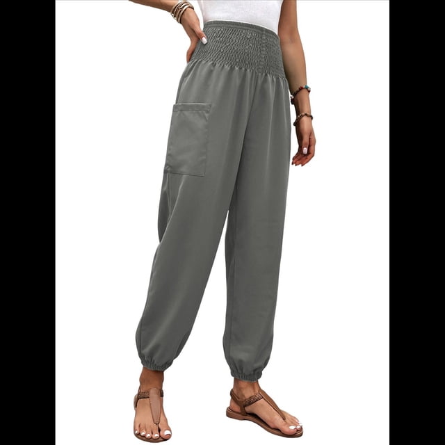 Pantalones de Trabajo Bohemios de Verano para Mujer, Informales, Plisados, Elásticos, de Cintura Alta, Anchos y con Bolsillos. Gris M