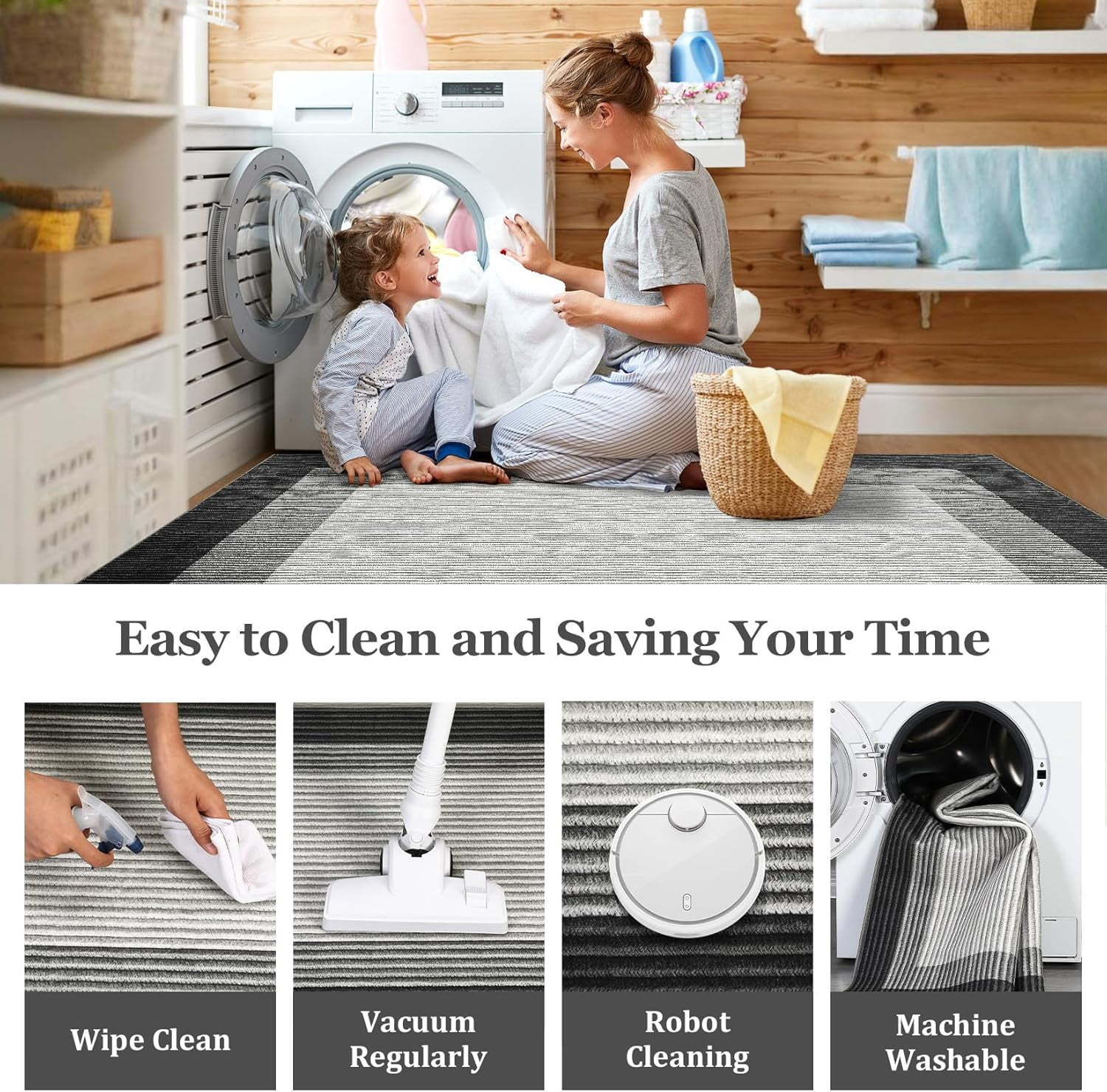 9x12 Area Rug Washable Rug Solid for Living Room, Large Non-Slip Non Shedding Bordered Modern Neutral Rug, Low Pile Foldable Printed Nursery Carpet for Bedroom, Dining Room, Black/Gray