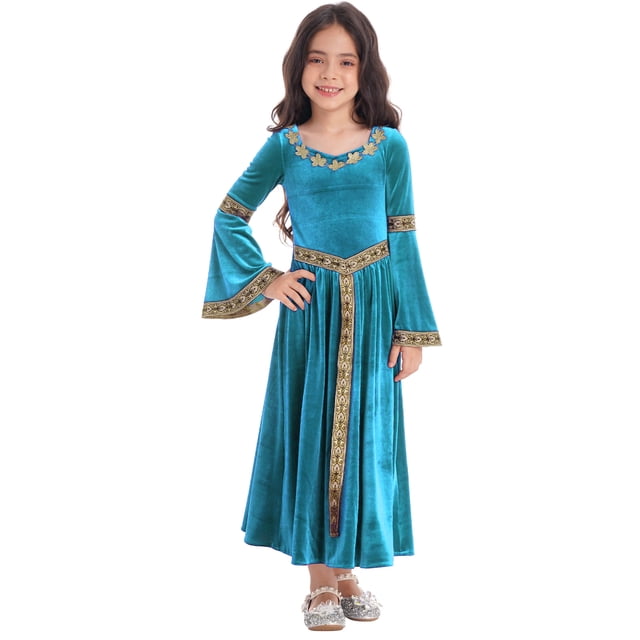inlzdz Robe Médiévale Princesse Reine pour Filles Enfants Robe en Velours Rétro Renaissance Bleu Clair 8
