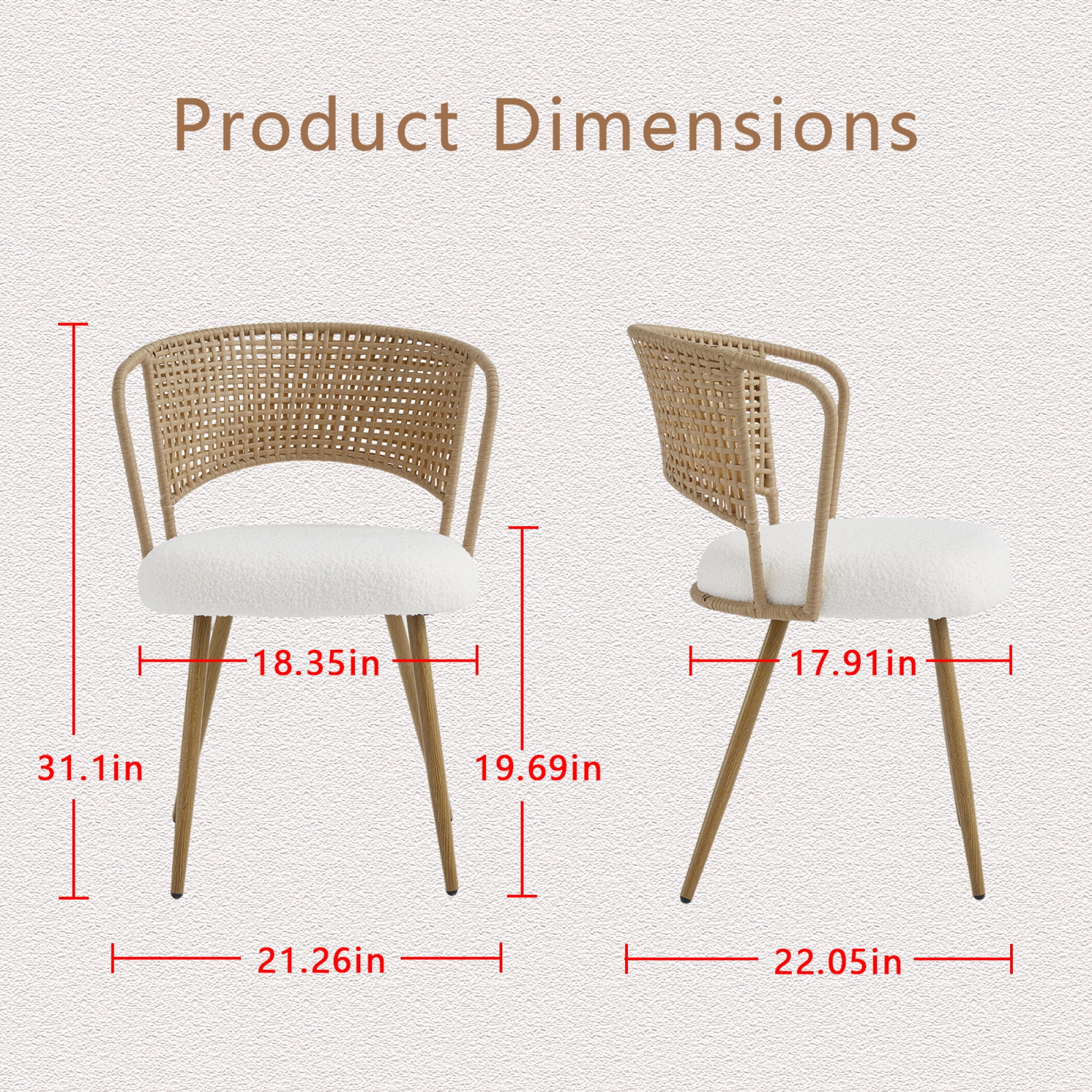 Leumius Set of 4 Wicker Dining Chairs, Farmhouse Soft Cushioned Cane Back Kitchen Chair, Sponge Cushion, Wing-Back Dining Chair with Metal Legs for Home and Kitchen (Brown)