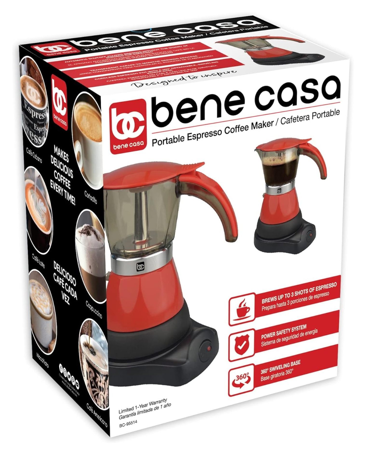 YgIRTID - Electric Espresso Maker 1-3 Cup Red, Cafetera Electrica Roja de 3 Tasa Model BC-95514.