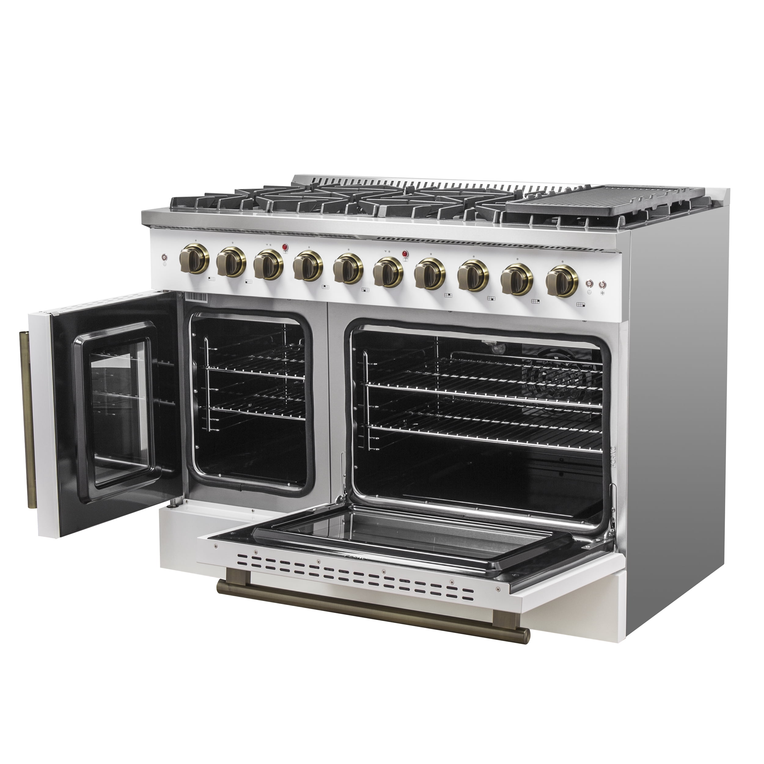 Forno Galiano 48-Inch Freestanding French Door Gas Range, White & Antique Brass