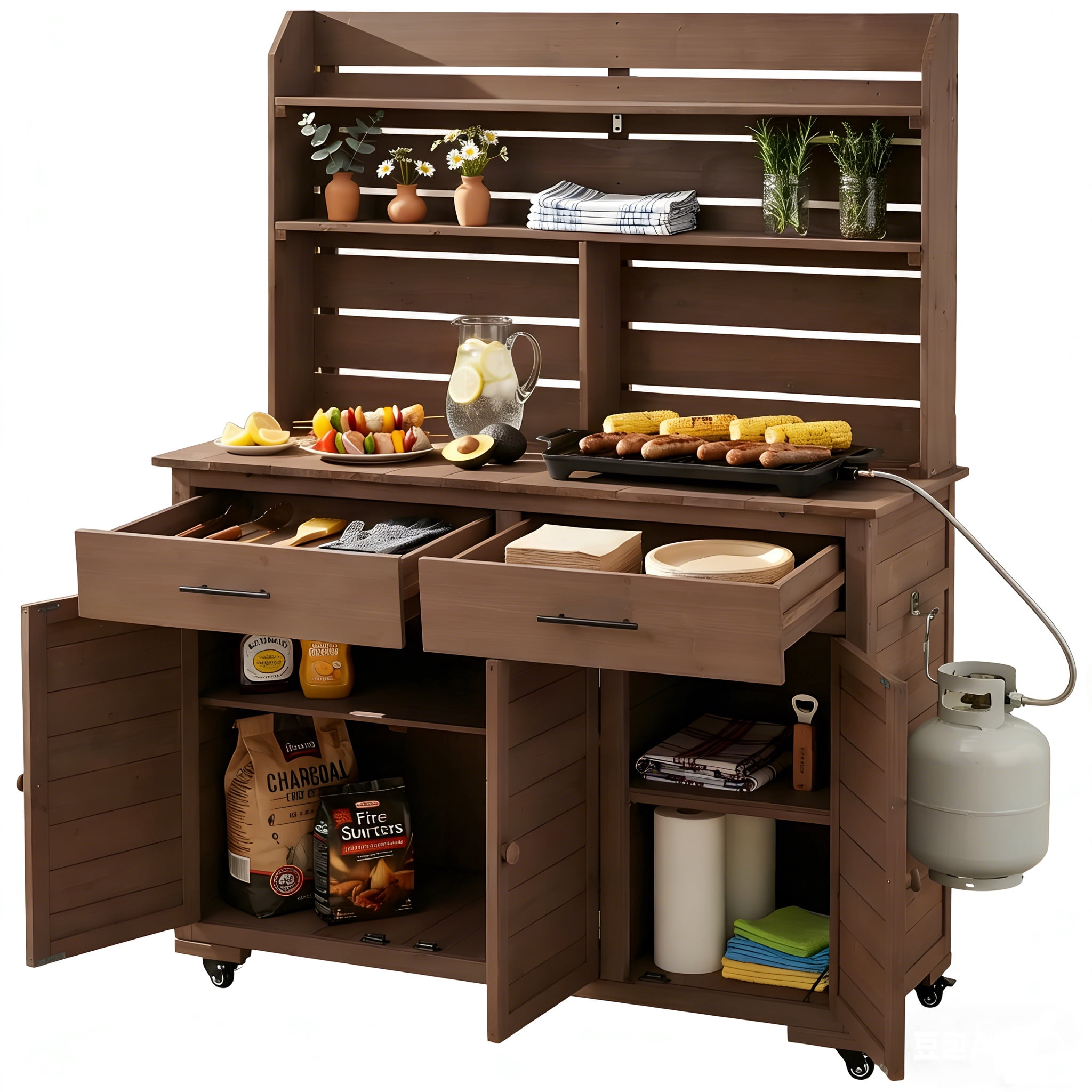 Mintazer 65"H Rolling Outdoor Potting Bench with 2 Drawers & Storage Cabinet, Farmhouse Kitchen Island Prep Cart with Hutch Top & Shelves, Brown