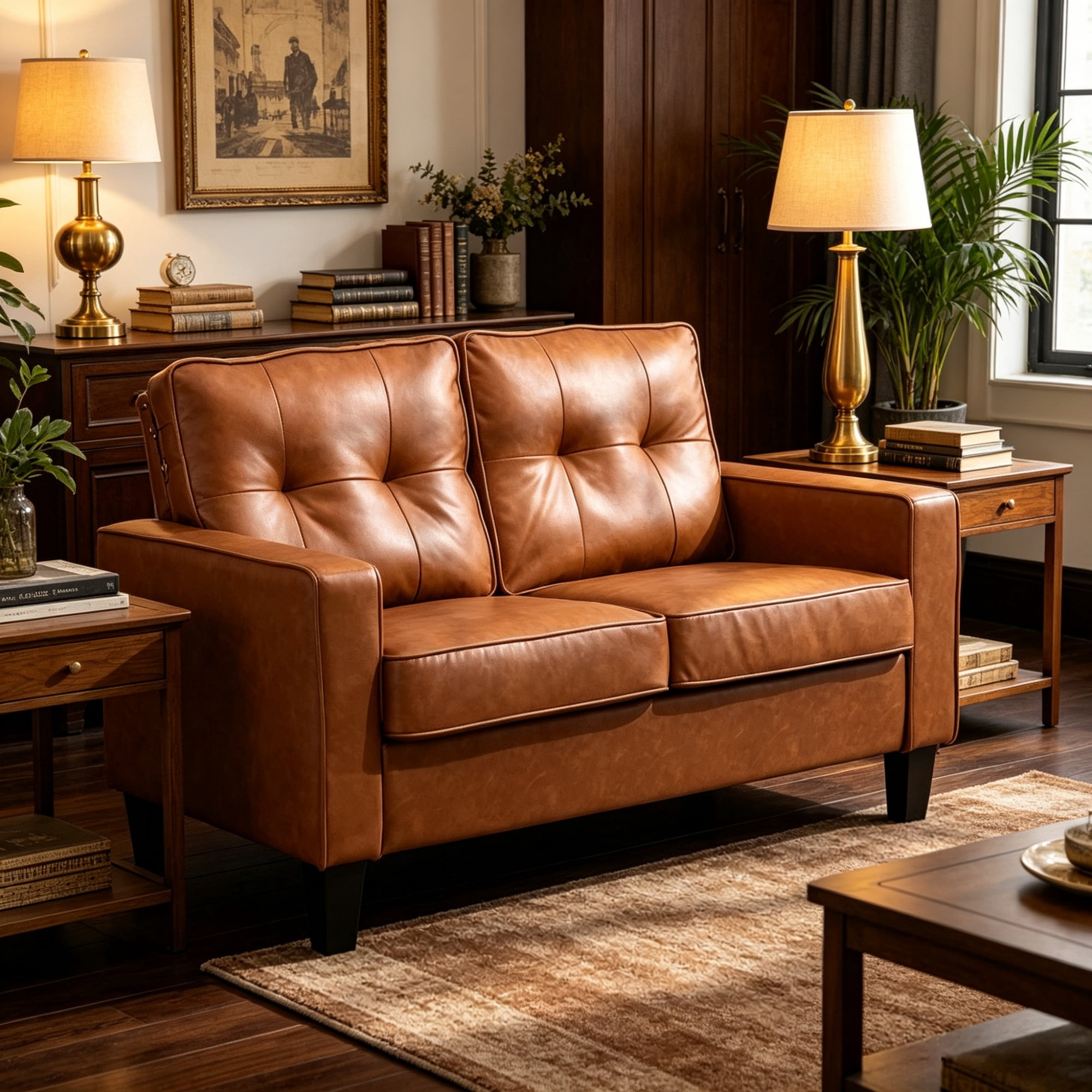 51" Wide Double Sofa, 2-Seater Tufted PU Leather Loveseat with Padded Armrests, Brown