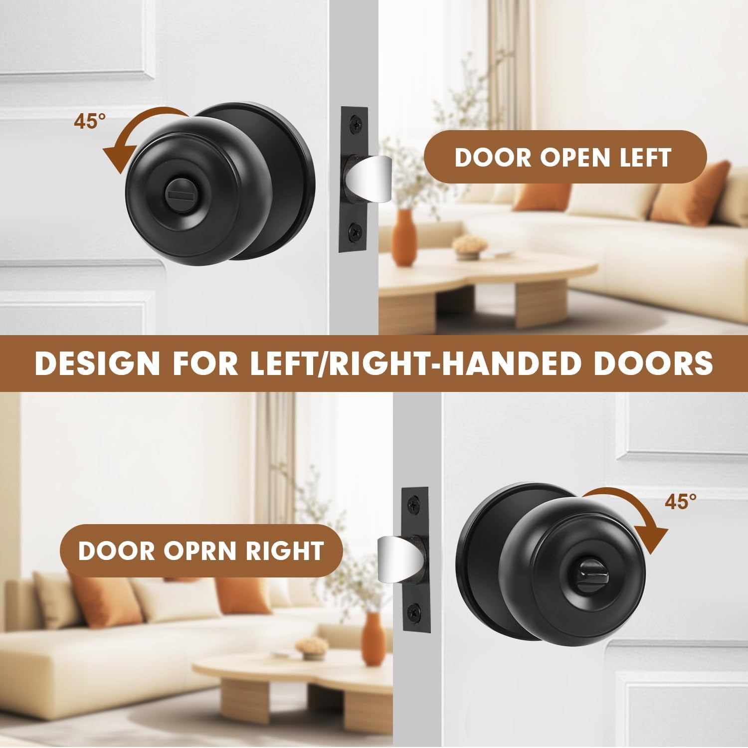 Privacy Door Knobs, 10 Pack Matte Black Door Knobs with Lock, Bed and Bath Door Knob Interior Keyless Locksets, Round Door Handles Reversible for Left Right Handed Doors