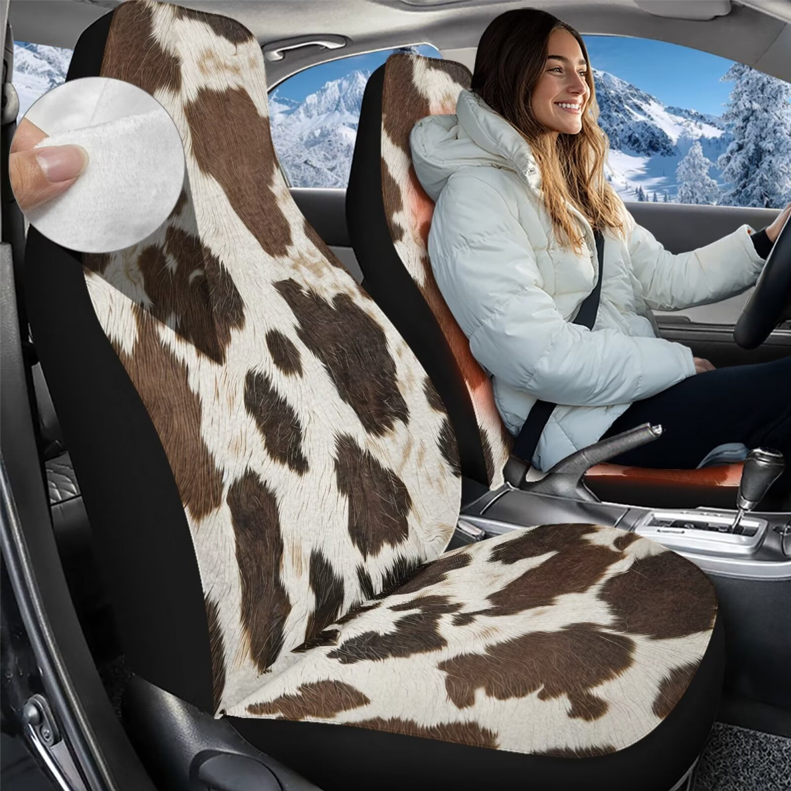 Uorisanigo 2PCS Car Seat Covers for Front Seats, Plush Automotive Seat Covers, Brown Cow Print Vehicle Seats Protectors Driver Interior Accessories Universal for Most Cars, SUV