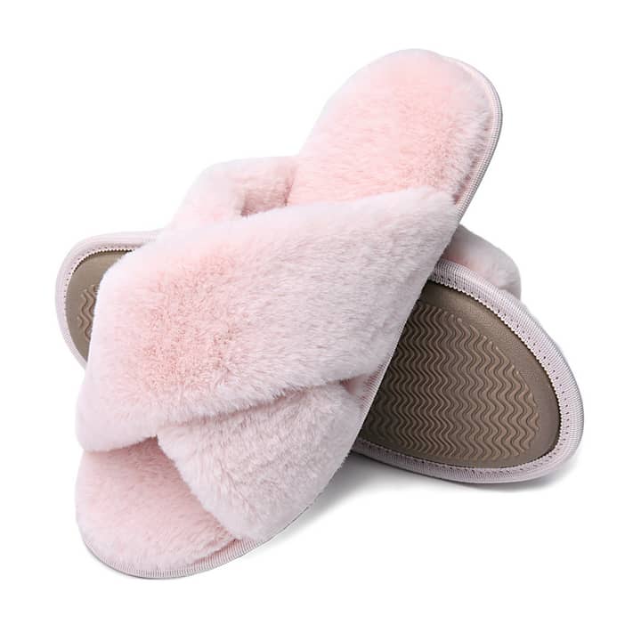 LORDFON Open Toe Cross Band Womens House Slippers Fluffy Indoor Slip On ...