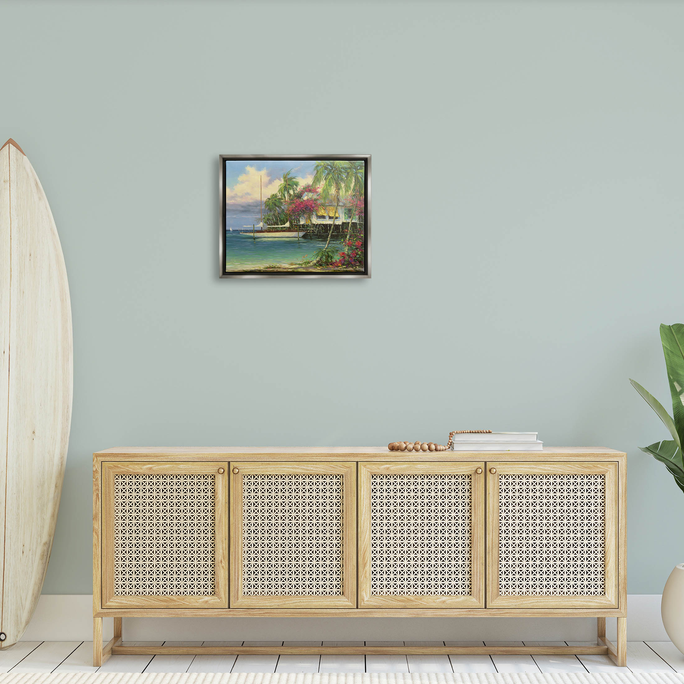 Vacation Waterfront Tropical Pier Coastal Painting Luster Gray Framed Art Print Wall Art