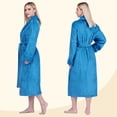 thumbnail image 4 of PAVILIA Plush Fleece Robe for Women, Soft Cozy Long Bathrobe with Satin Waffle Trim, Warm Lightweight Spa Robe, Housecoat with Pockets & Tie Belt, Teal Blue, S/M, 4 of 10