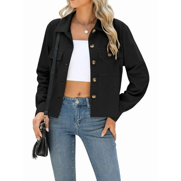 Womens Fashion Cropped Shackets Corduroy Button Down Crop Jackets Tops Long Sleeve Shirts Trendy 2025 Black XXL