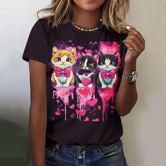 YueHuiYing Women's Valentine's Day Heart Cute Cat Print Short Sleeve Crew Neck Short Sleeve Crew Neck Top/Shirt
