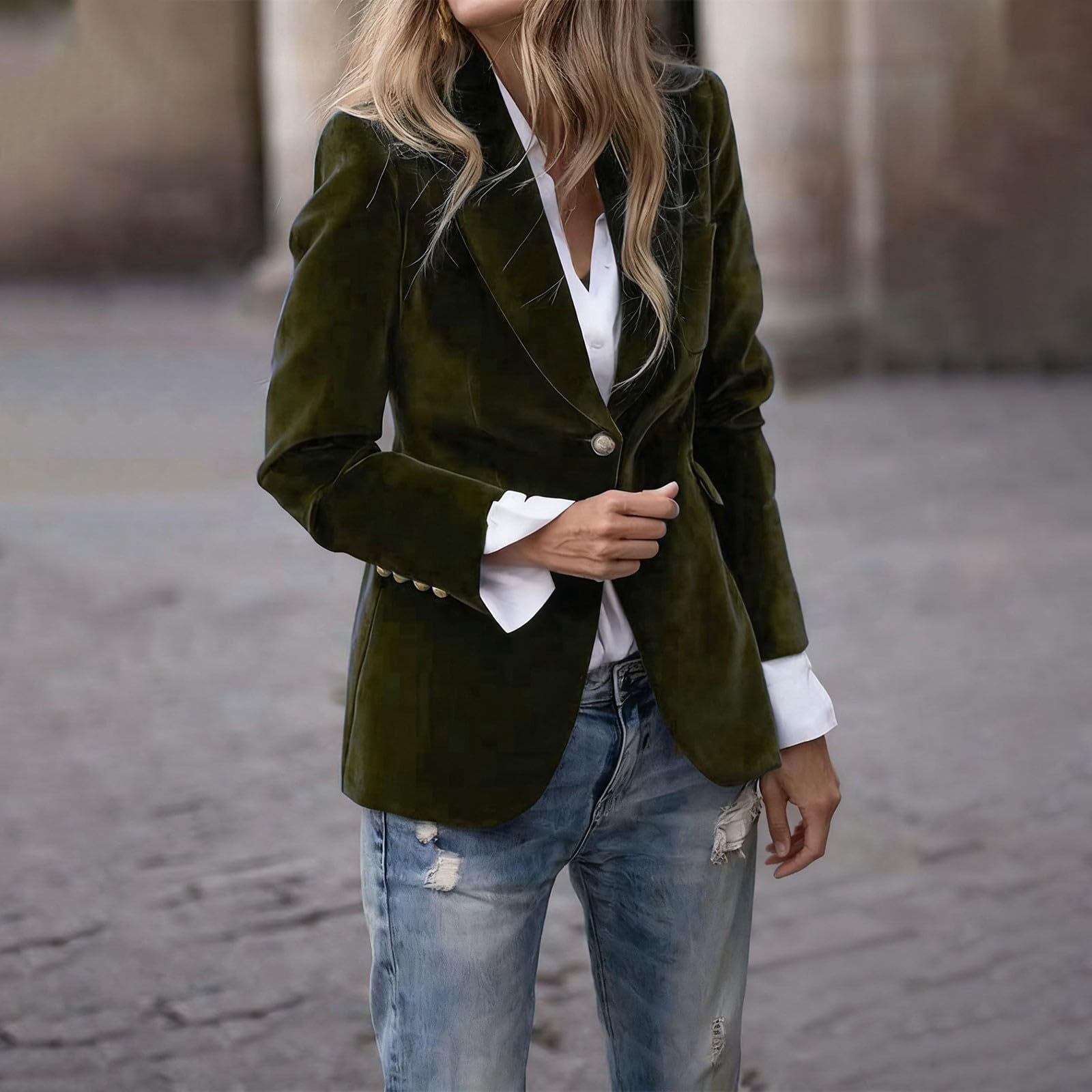Womens Velvet Blazer Jacket - Long Sleeve V Neck Coat Notched Lapel Vintage Office Button Front Velour Blazer
