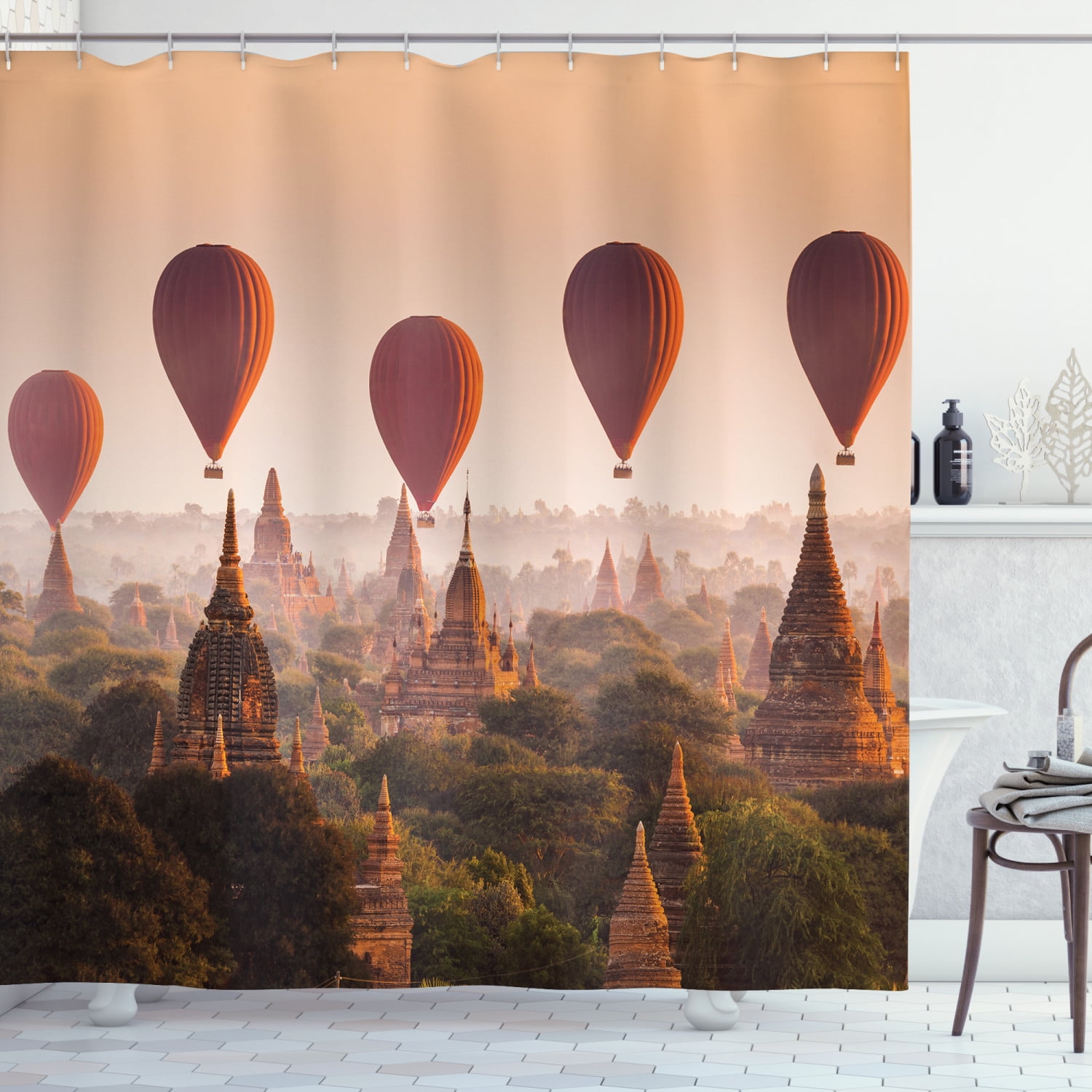 Asian Decor Shower Curtain Set, Hot Air Balloon Over Plain Of Bagan In