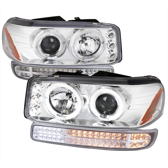 Dual Halo Projector Headlights with LED Sequential Turn Signal Bumper Lights (Chrome Housing/Clear Lens) Made for and Compatible with 1999-2006 GMC Sierra/ 2000-2006 Yukon/Yukon XL