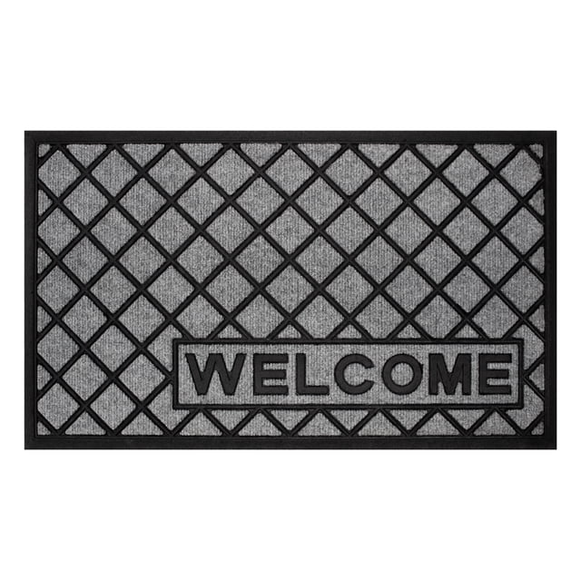 Tapete De Exterior Matly Mat 45x75 Cm gris con diseño de rejilla y texto 'WELCOME' en relieve, base antideslizante para mayor seguridad, ideal para entradas y áreas de alto tránsito, resistente a la intemperie y fácil de limpiar, también adecuado para retener suciedad y humedad en el calzado.