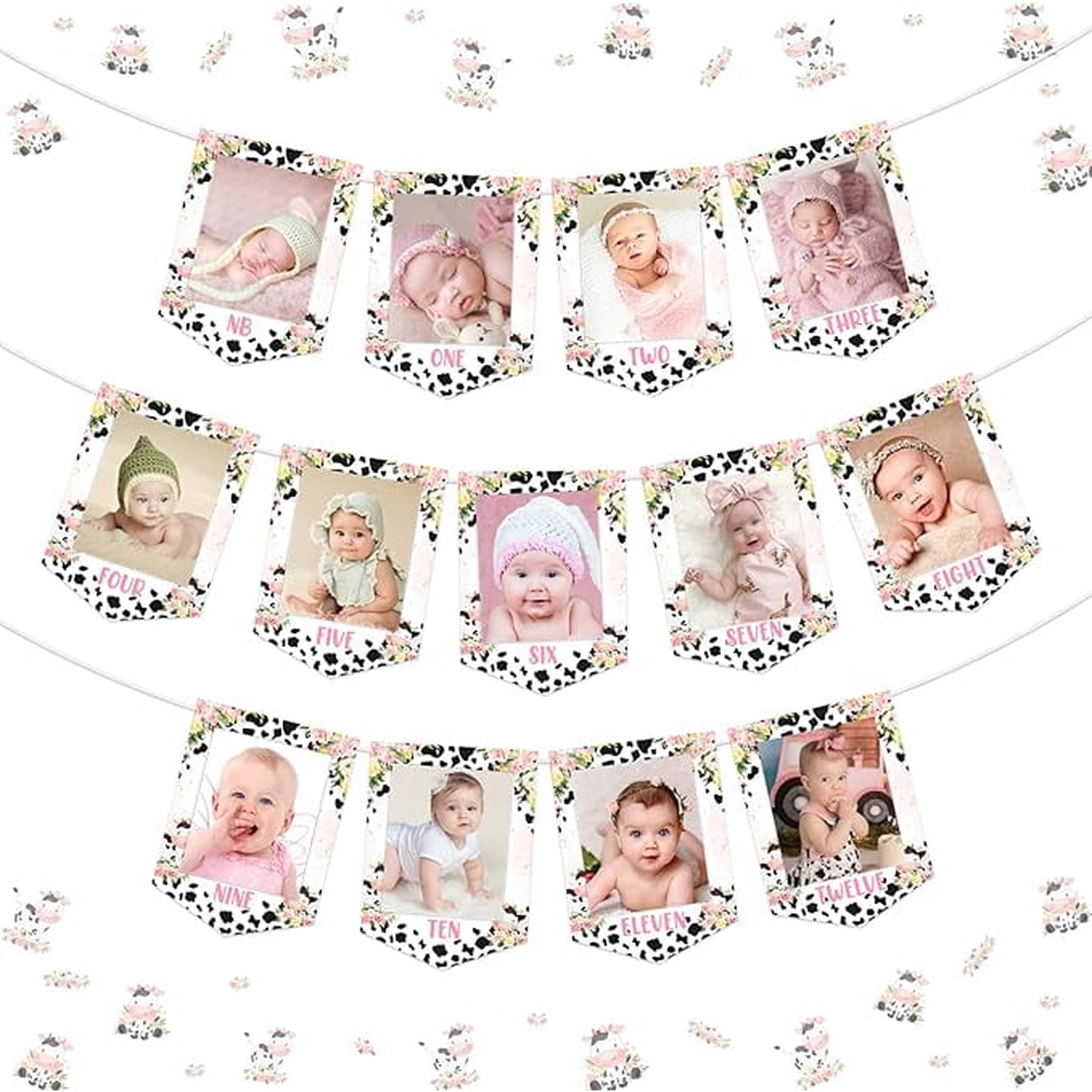 Cow 12 Month Photo Banner Farm Cow photo banner for Newborn to 12 Months Birthday Party Farm Animals First Birthday Decoration Cow Party Cowboy Cowgirl First Bday Supplies for Girl