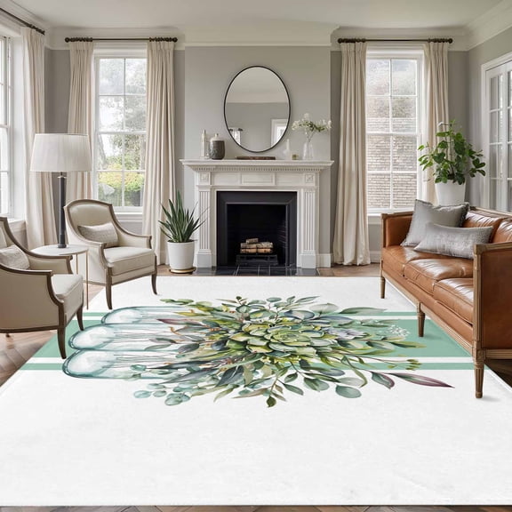 8'x10' Area Rugs, Sage Green Eucalyptus Leaves Indoor Outdoor Area Rug for Living Room Bedroom, Pastoral Summer Botanical Elegant Washable Bathroom Rugs Kitchen Floor Carpet Mats Home Decor Aesthetic