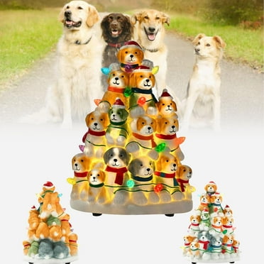 Holiday Puppies Hand Crafted Light Resin Christmas Tree - Dogs are Part of The Family and Light Up Our Lives, Christmas Dog Decorations with LED Lights, Xmas Trees for Christmas Party Tabletop Decor