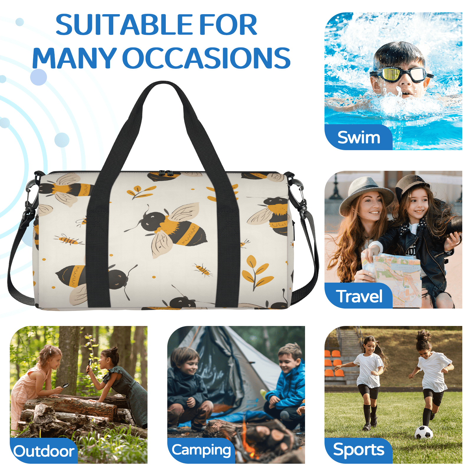 Herdesigns Honey Bee Gym Bag for Women, Duffle Bag for Travel Sport, Lightweight Waterproof Carry on Weekender Overnight Dance Yoga Workout Bags