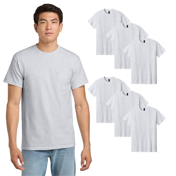 Gildan Men Short Sleeve Pocket T-Shirt, Ultra Cotton, Classic Fit, 6 Pack Ash Bulk Tee, L