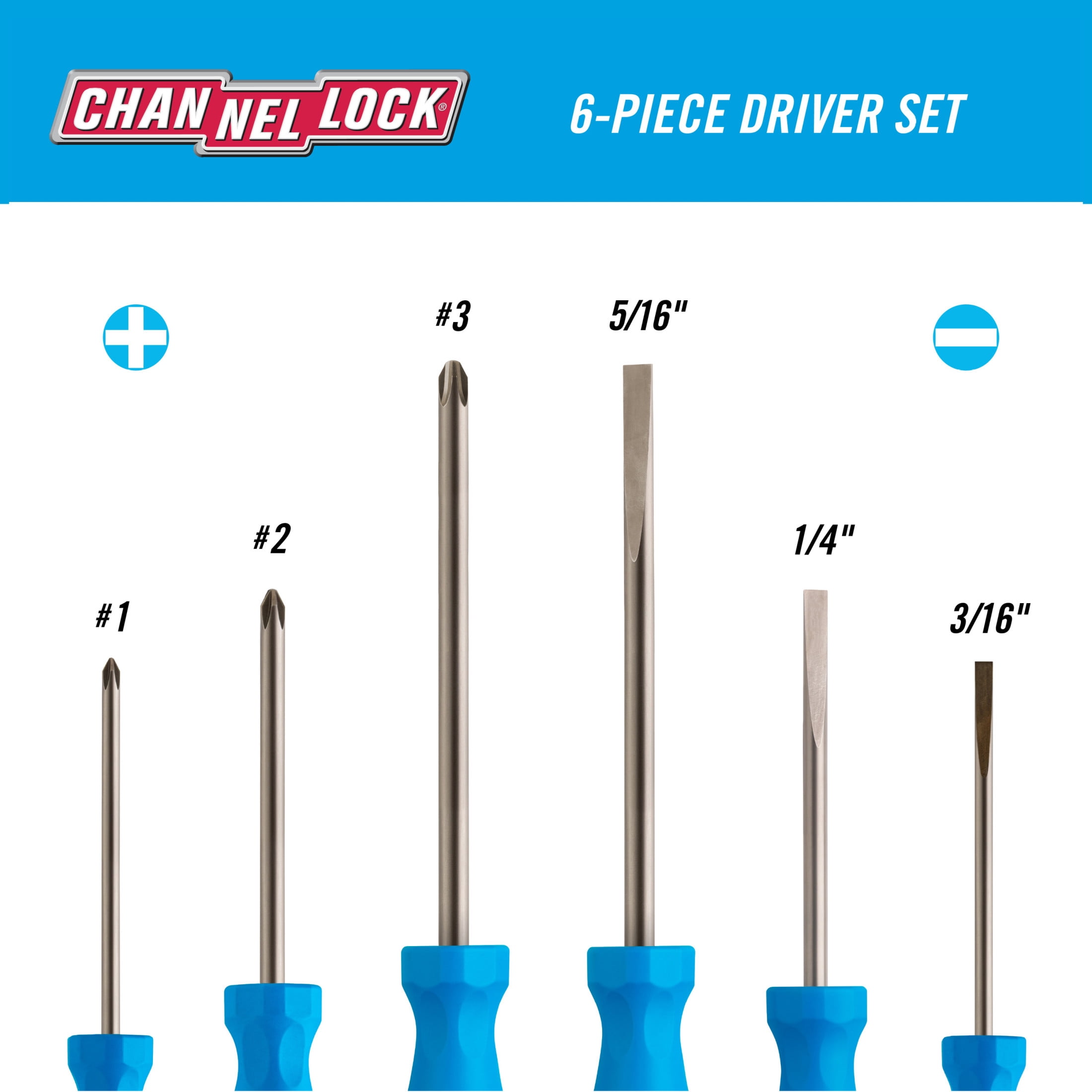 CHANNELLOCK Professional Screwdriver Set, Includes Phillips and Slotted Screwdriver, Precision Machined with Magnetic Tip & Tri-Lobe Grip, Ideal for Home Improvement, Made in USA, 6-tool set (SD-6H)