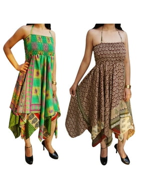 Mogul Lot Of 2 Womens Handkerchief Hem Beach Dress Recycled Vintage Sari Boho Summer Halter Sundress XS