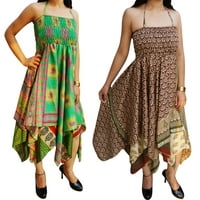 Mogul Lot Of 2 Womens Handkerchief Hem Beach Dress Recycled Vintage Sari Boho Summer Halter Sundress XS