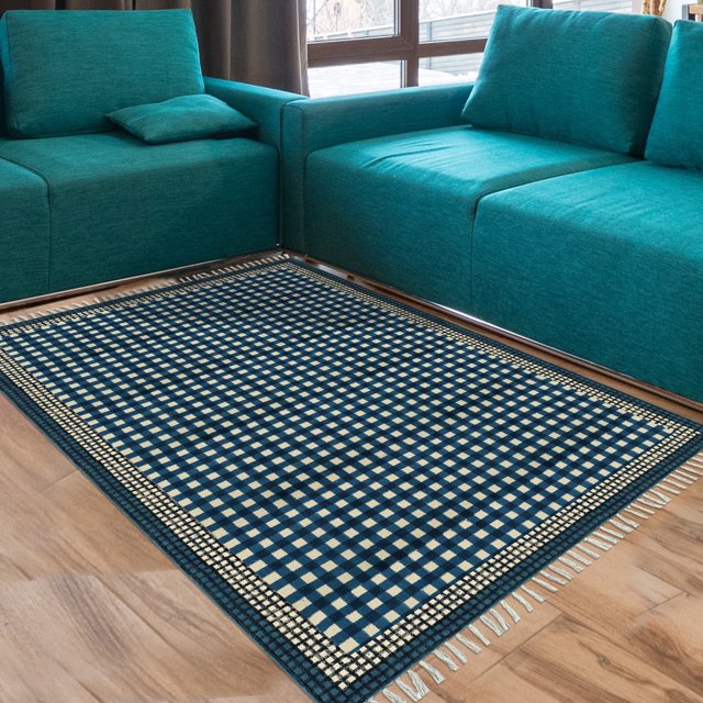 Casavani Handwoven Blue Dhurrie Cotton Area Rug Kitchen and Study Room Carpet 2x3 feet