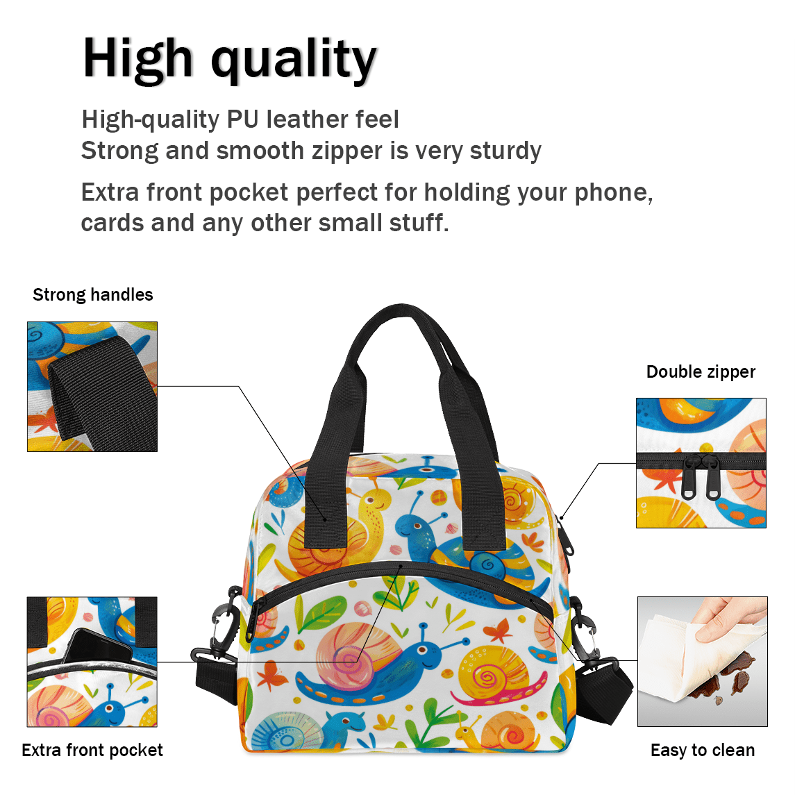 Herdesigns Snails Insulated Lunch Bag for Women Men Adults Large Reusable Lunch Box Cute Snails Leakproof Cooler Tote Bags with Adjustable Shoulder Strap