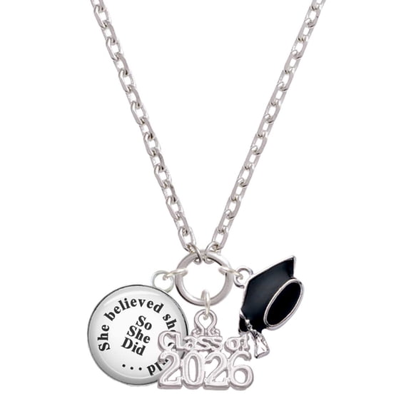 Delight Jewelry Silver-tone Domed She Believed She Could So She Did - Class of 2026 Graduation Zoey Charm Necklace, 28"