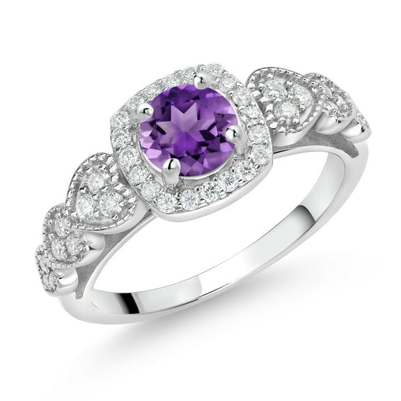 Gem Stone King 925 Sterling Silver Purple Amethyst and White Moissanite Engagement Ring for Women (1.38 Cttw, Round 6MM, Gemstone February Birthstone, Size 8)