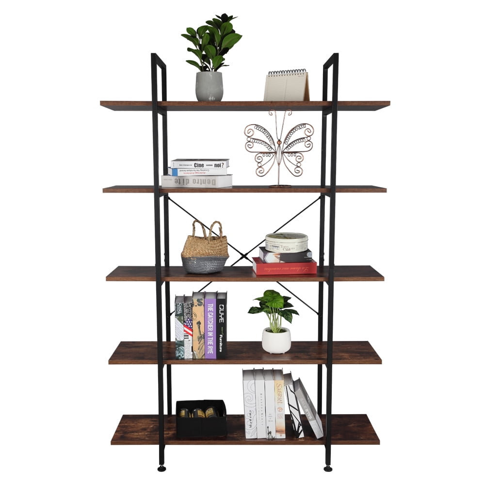 5Tier Industrial Bookcase and Book Shelves, Vintage Wood and Metal