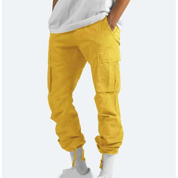 TIMIFIS Yellow Hiking Pants Men Cargo Pants Classic Casual Outdoor Jogger Pants Elastic Waist Drawstring Trousers with Multiple Pockets - Spring/Summer