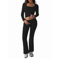 thumbnail image 3 of 2 Piece Square Neck Lounge Set Womens Wide Leg Pants Slightly Crop Top Sweatsuit Sets Black L, 3 of 9