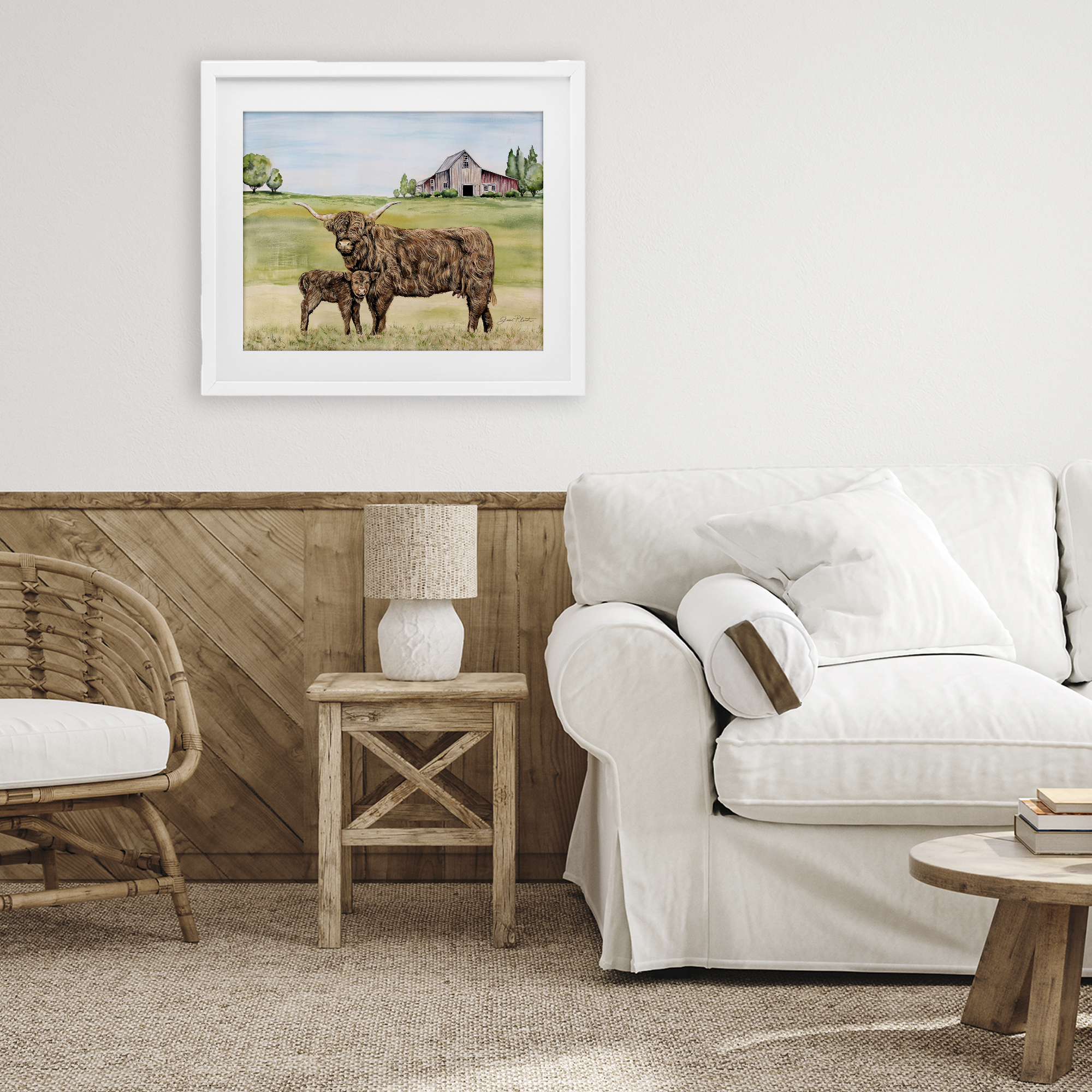 Highland Cow And Calf White Framed Print Under Glass, design by Jean Plout
