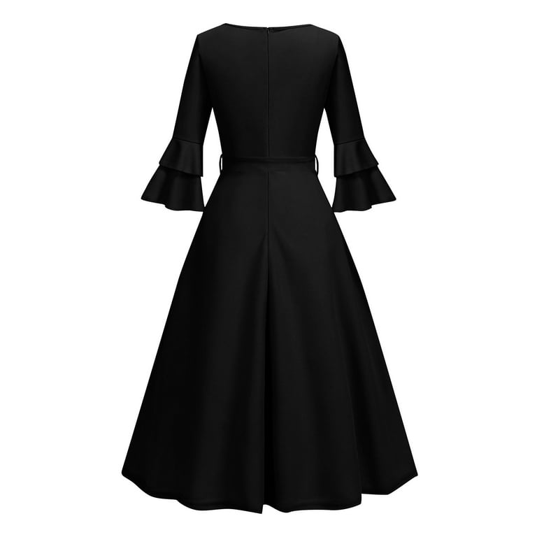 Boho Dresses For Women 2025, Wedding Guest Dress Elegant Bell Sleeve  Cocktail Party Church Midi Evening Dress White Satin Burnt Orange Dress  African Dresses Cocktail Dresses (M, Black) ZMTing